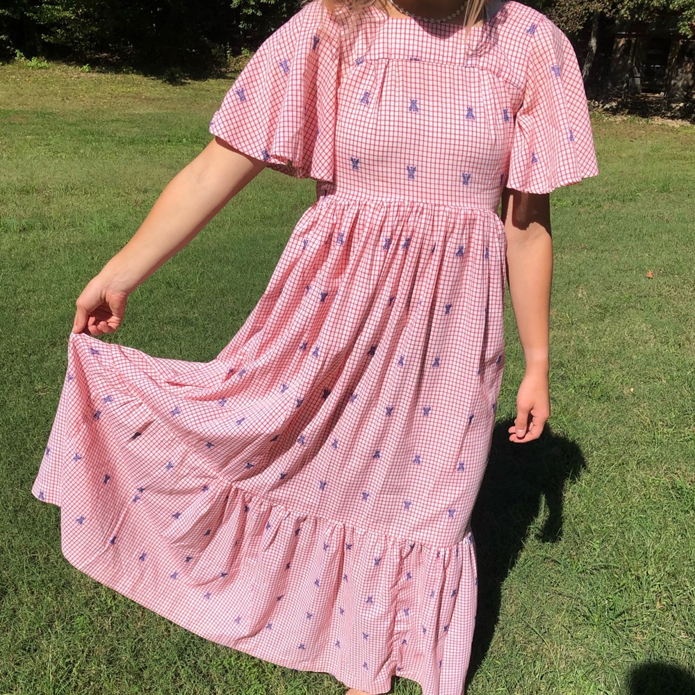 Vintage Red White Checkered Peasant Boho Festival Dress w/ Bees Small